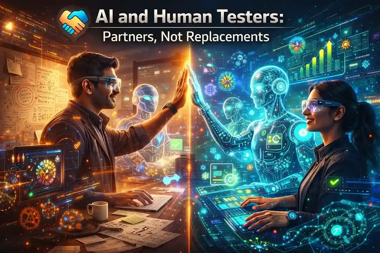 Human and AI testers high-five in futuristic lab, showing teamwork not replacement.