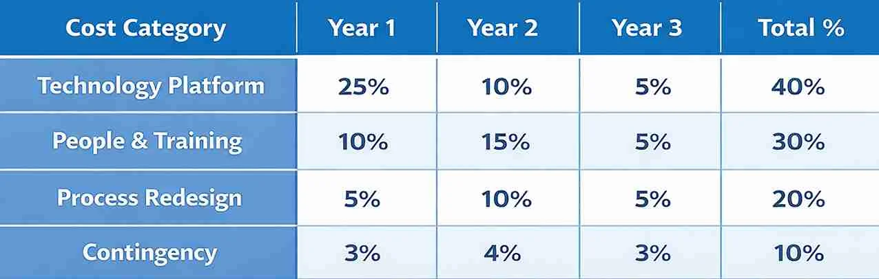 3-year budget allocation table: Technology 40%, People & Training 30%, Process 20%, Contingency 10%.