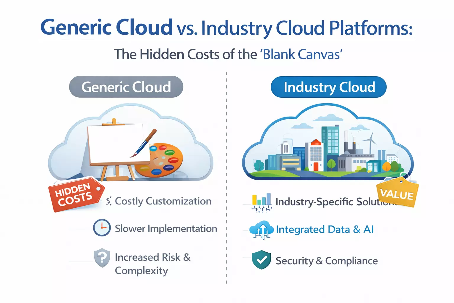 Generic vs industry cloud platforms comparison showing hidden costs, customization challenges, and industry-specific value benefits