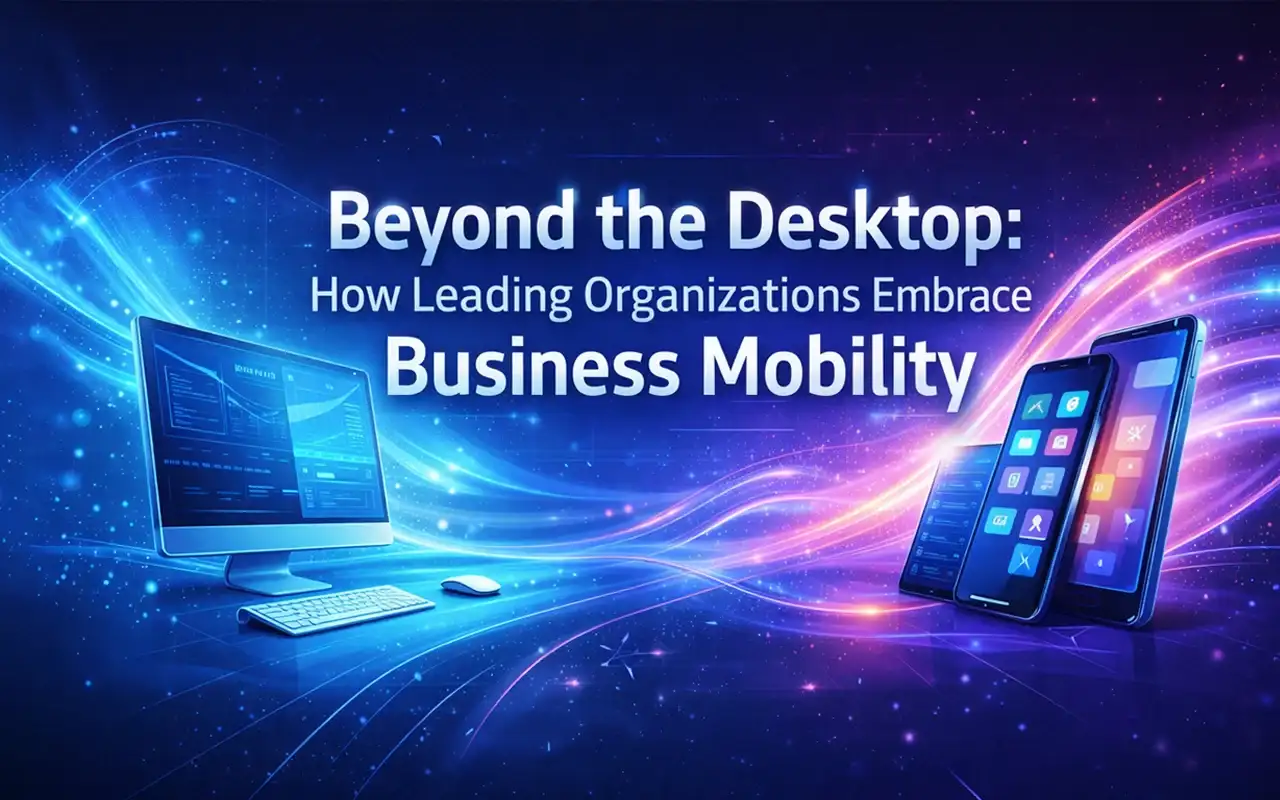 Desktop and smartphones linked by glowing data flow, showing shift to business mobility beyond desktop.