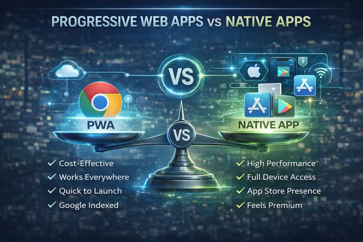 Progressive Web Apps vs Native Apps comparison showing cost, performance, platform access, and features