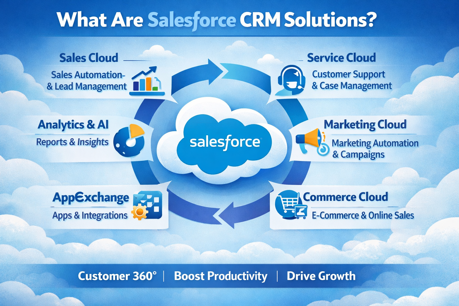 Infographic of Salesforce CRM solutions including Sales, Service, Marketing, Commerce, AI, and apps.