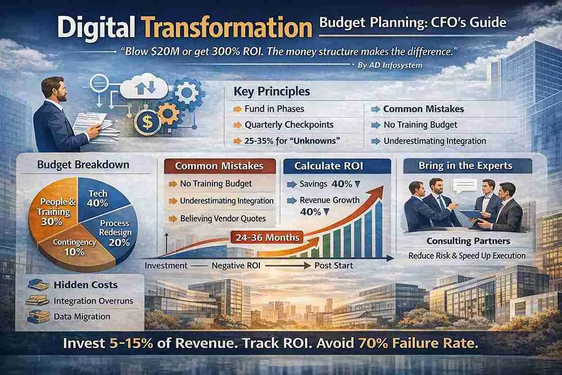 Digital transformation budget planning infographic with ROI chart, breakdown pie, and key principles.