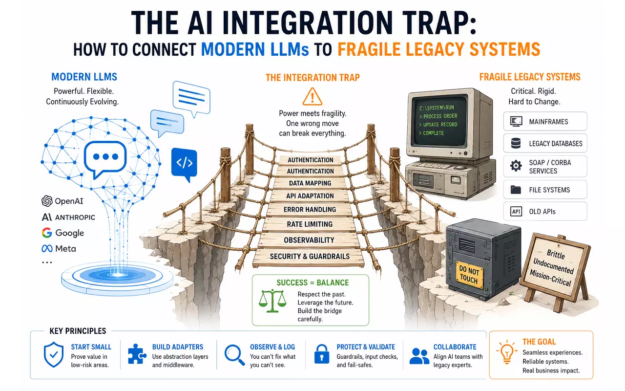 AI integration bridge connecting modern LLMs with fragile legacy systems safely