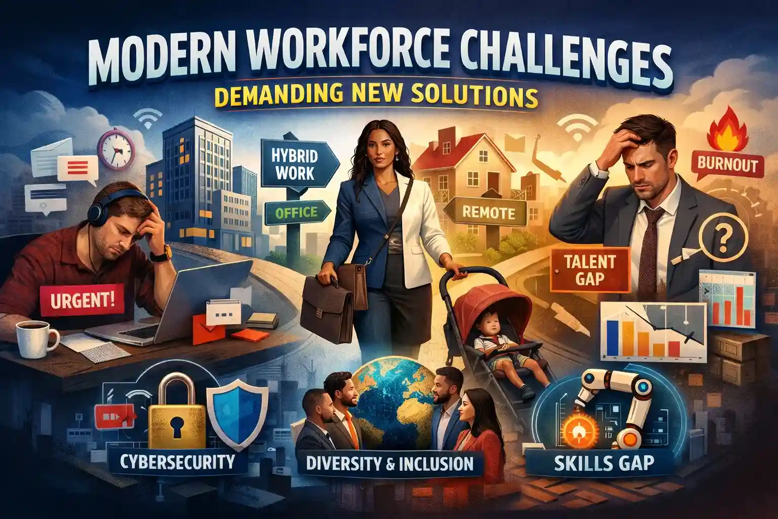 Modern workforce challenges: hybrid work, burnout, talent gaps, cybersecurity, and skills shortage.