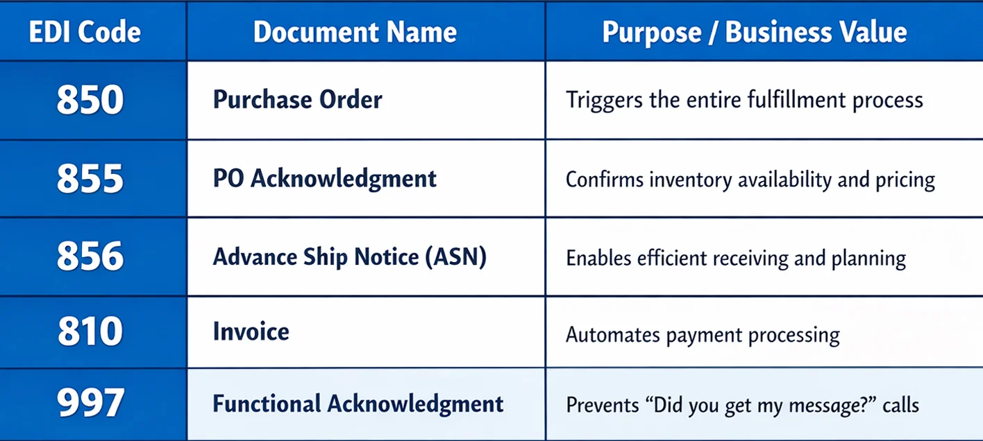 Table of EDI codes 850, 855, 856, 810, 997 with document names and business purposes
