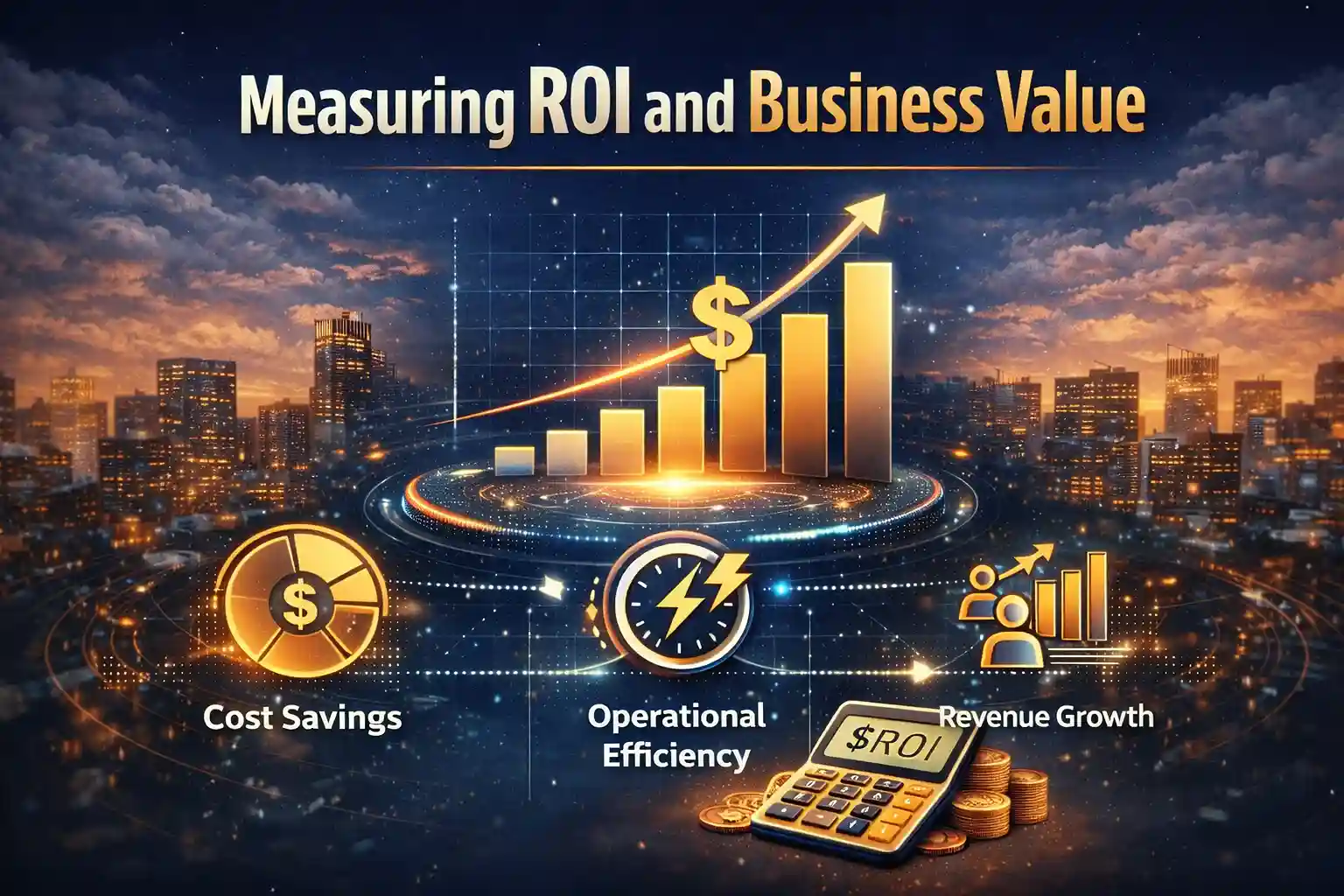 Business ROI growth chart showing cost savings, efficiency gains, and revenue increase.