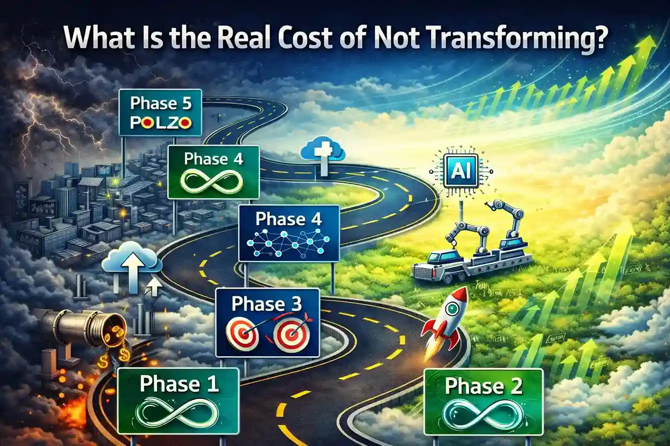 Roadmap shows phases of transformation from chaos to growth, with AI, automation and rising arrows.