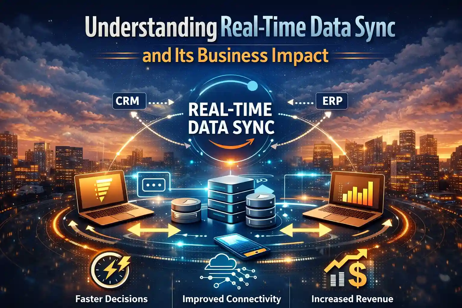 Real-time data sync showing CRM and ERP systems connected for faster business decisions.
