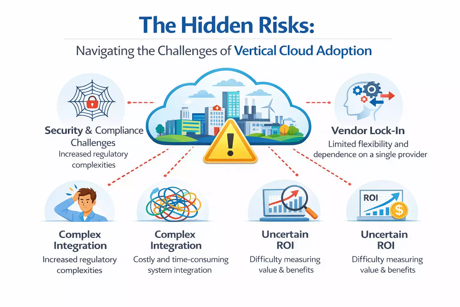 Vertical cloud adoption risks illustration showing security challenges, vendor lock-in, complex integration, and uncertain ROI