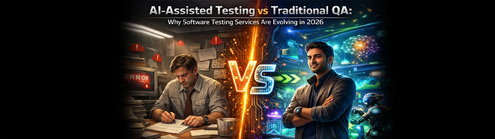 AI vs Traditional QA visual: stressed manual tester vs confident AI-driven testing expert.