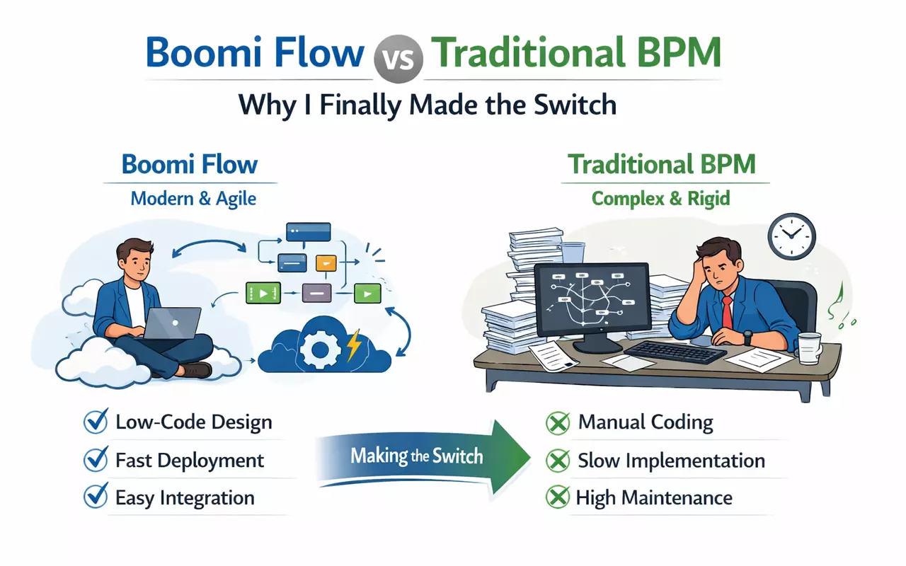 Boomi Flow vs Traditional BPM comparison showing agile automation vs complex manual processes