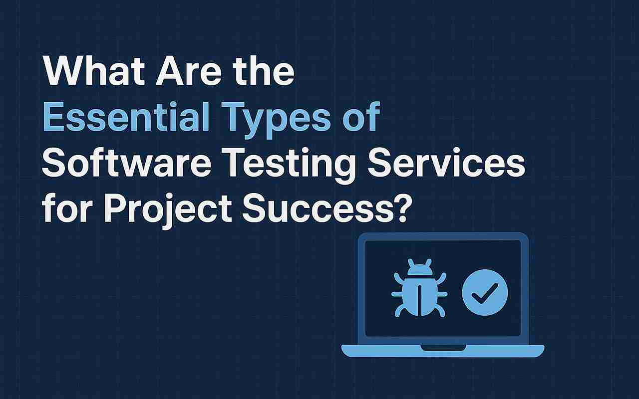 Dark blue image, title on testing services, laptop with bug and checkmark.