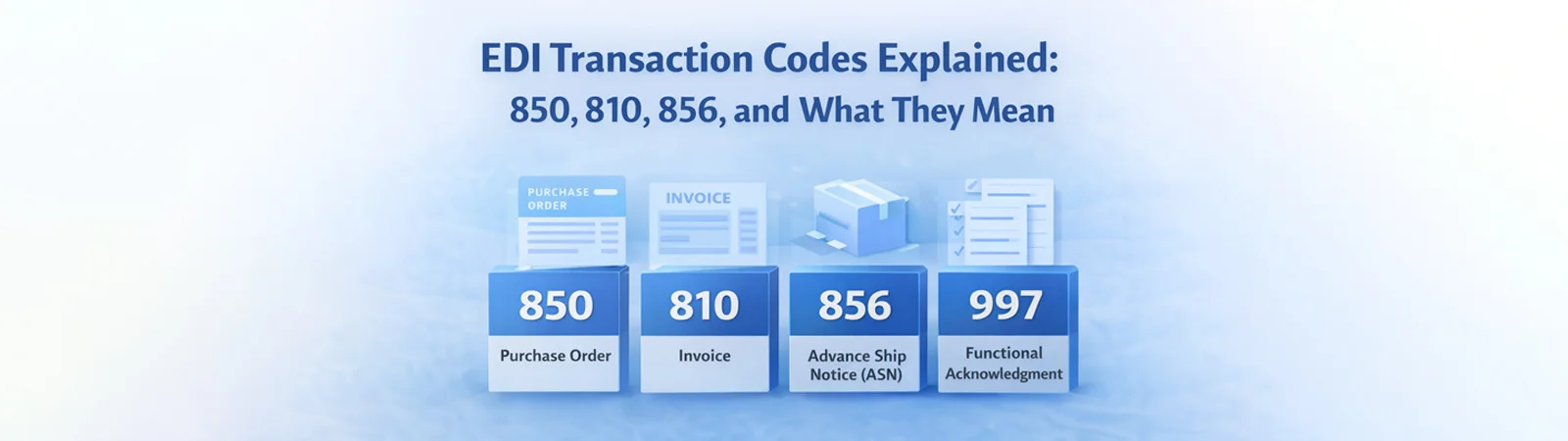 Infographic showing EDI codes 850 PO, 810 Invoice, 856 ASN, and 997 Functional Acknowledgment