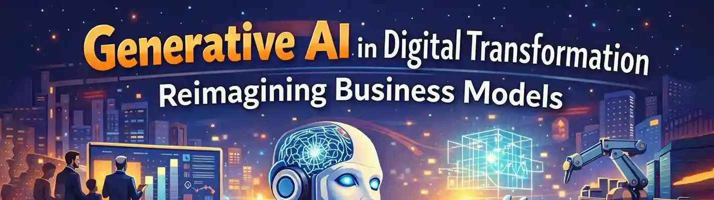 Banner showing generative AI transforming digital business with robots and data visuals