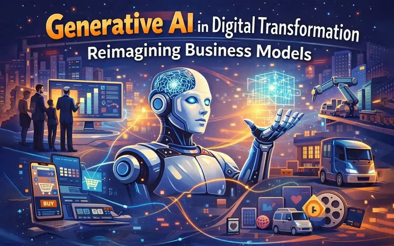 Generative AI reshaping digital business with humanoid robot, data dashboards, automation and apps