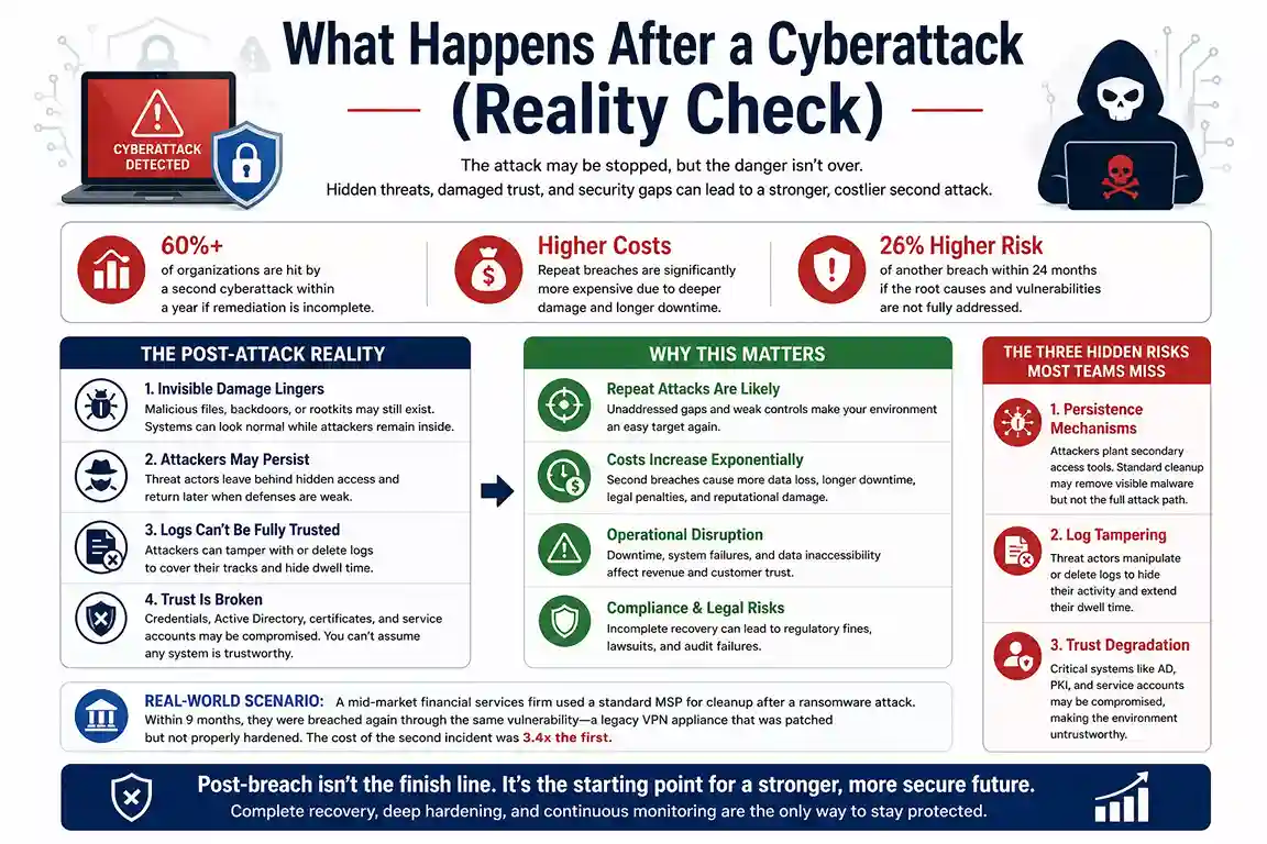Cyberattack aftermath infographic showing risks, hidden threats, and post-breach recovery challenges