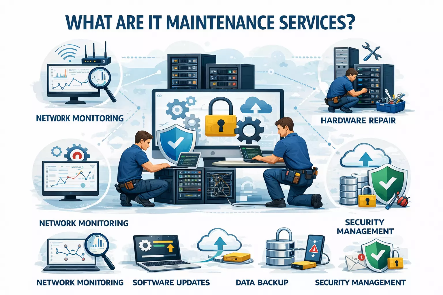IT maintenance services with monitoring, repair, security, updates, and data backup