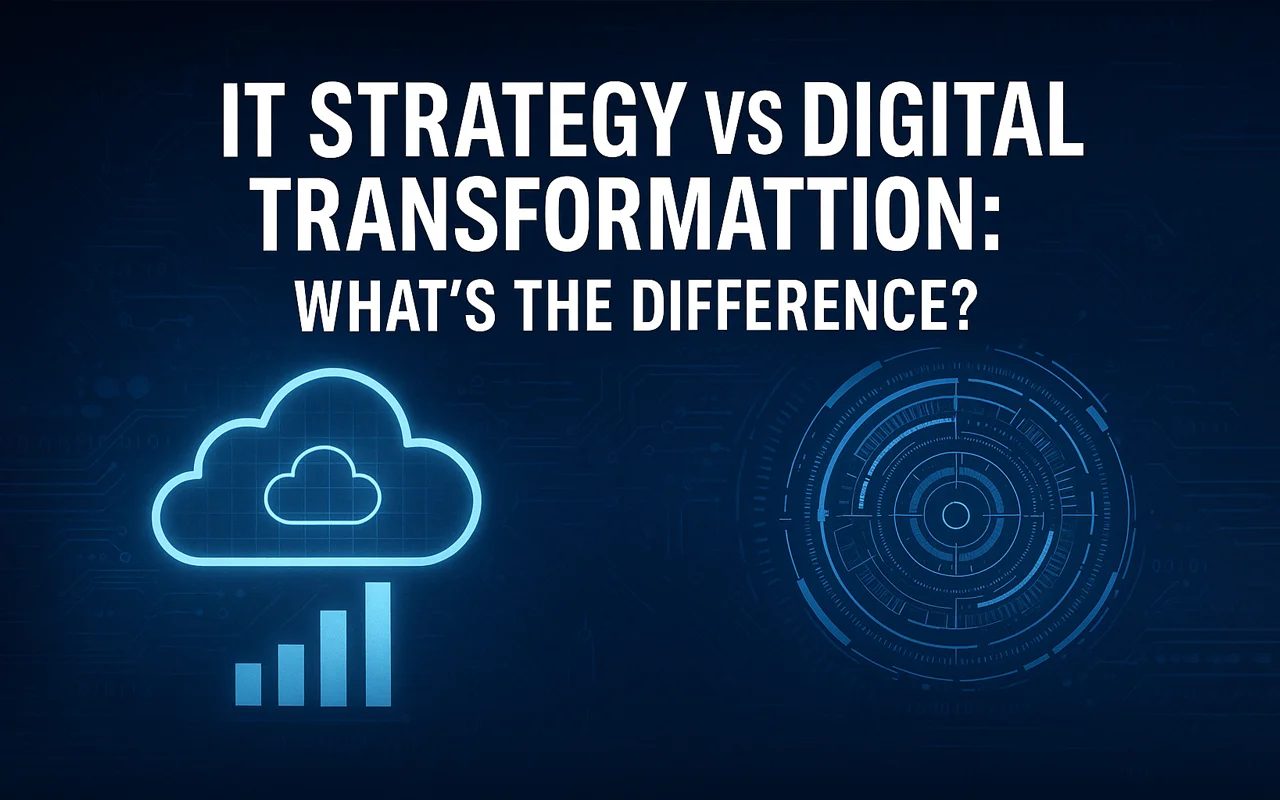 IT strategy vs digital transformation comparison with futuristic tech background and cloud icons.