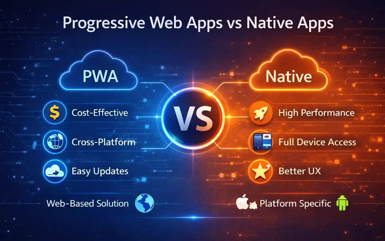 Progressive Web Apps vs Native Apps business decision guide with modern technology background