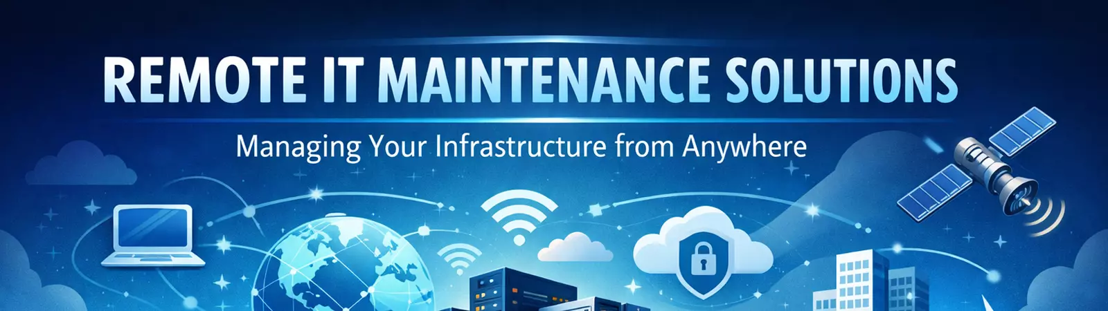 Remote IT maintenance solutions showing cloud management, cybersecurity, monitoring, and system updates