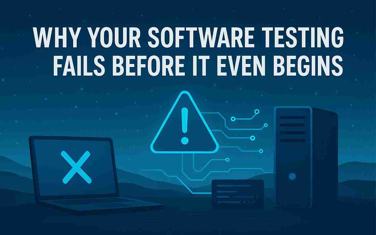 Dark blue image, title on testing failure, laptop X, warning, server circuit.