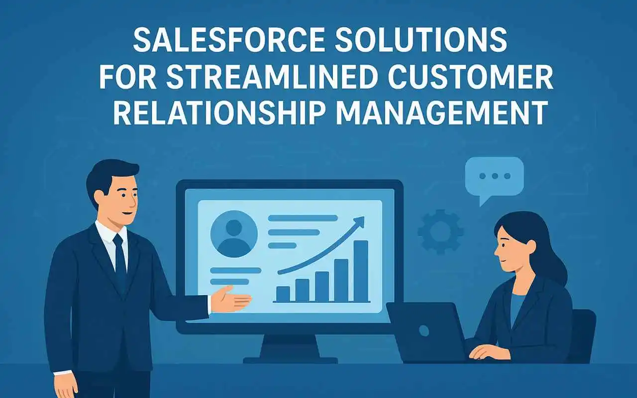 Salesforce CRM solutions infographic highlighting sales, service, marketing, and commerce tools.