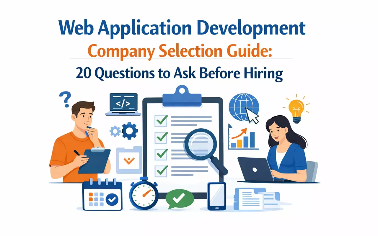 Web Development Company Selection Guide with blue design and tech icons.