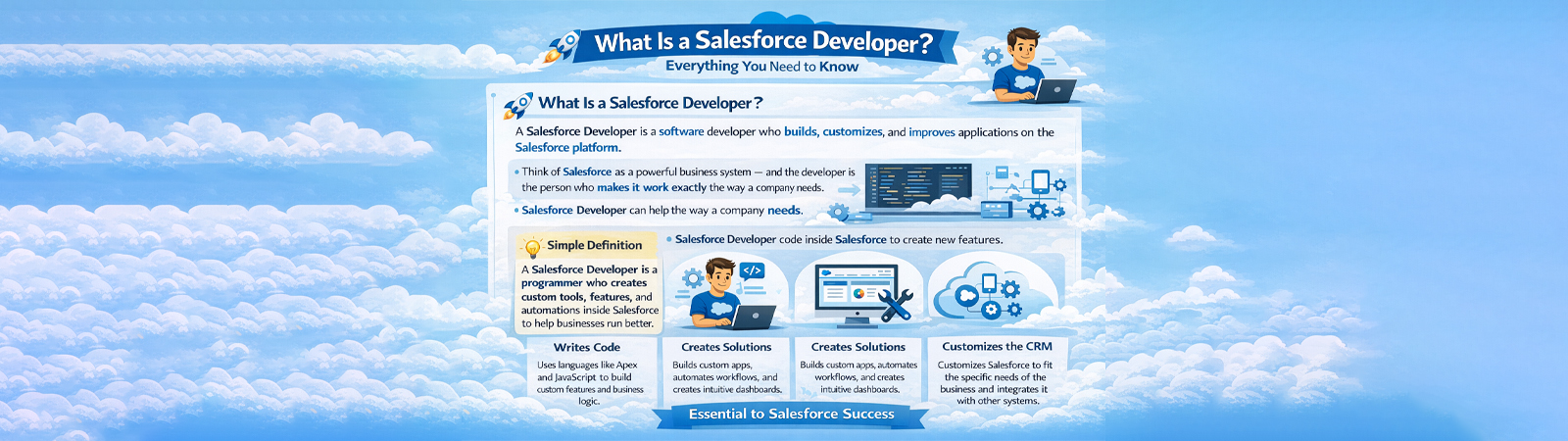 Infographic defining a Salesforce Developer with coding, CRM, and customization visuals.