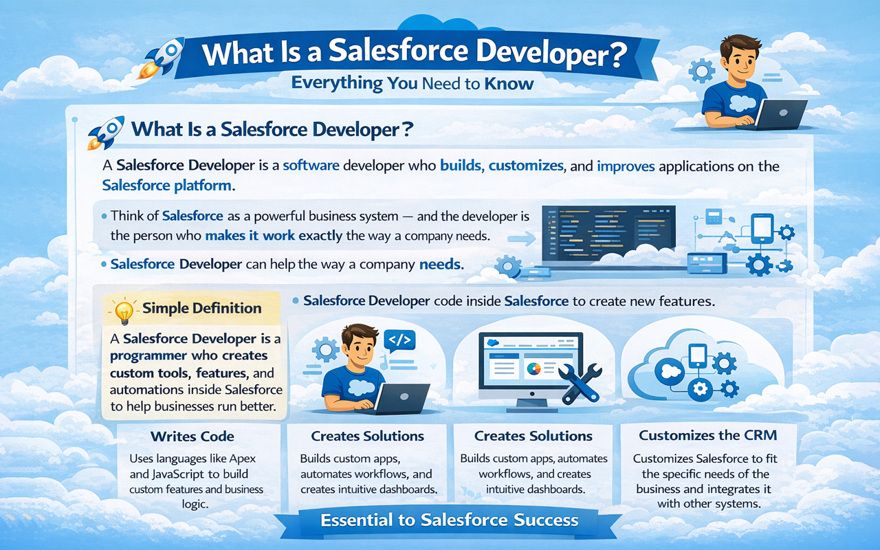 Infographic defining a Salesforce Developer with coding, CRM, and customization visuals.