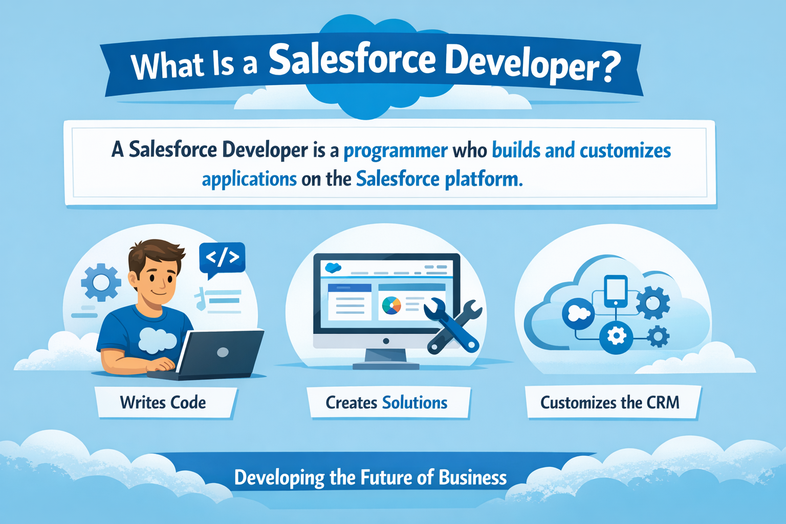 Salesforce Developer infographic showing coding, solution building, and CRM customization.