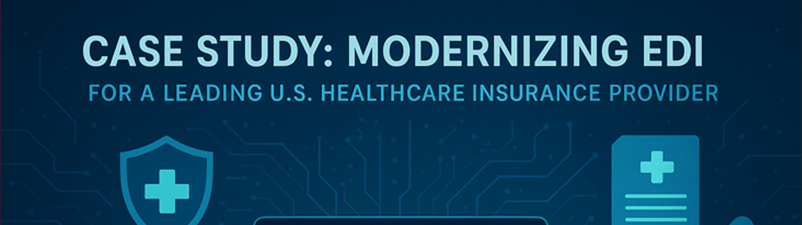 Laptop with EDI document and healthcare icons on a tech background