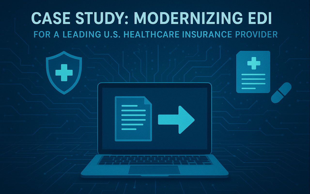Laptop with EDI document and healthcare icons on a tech background