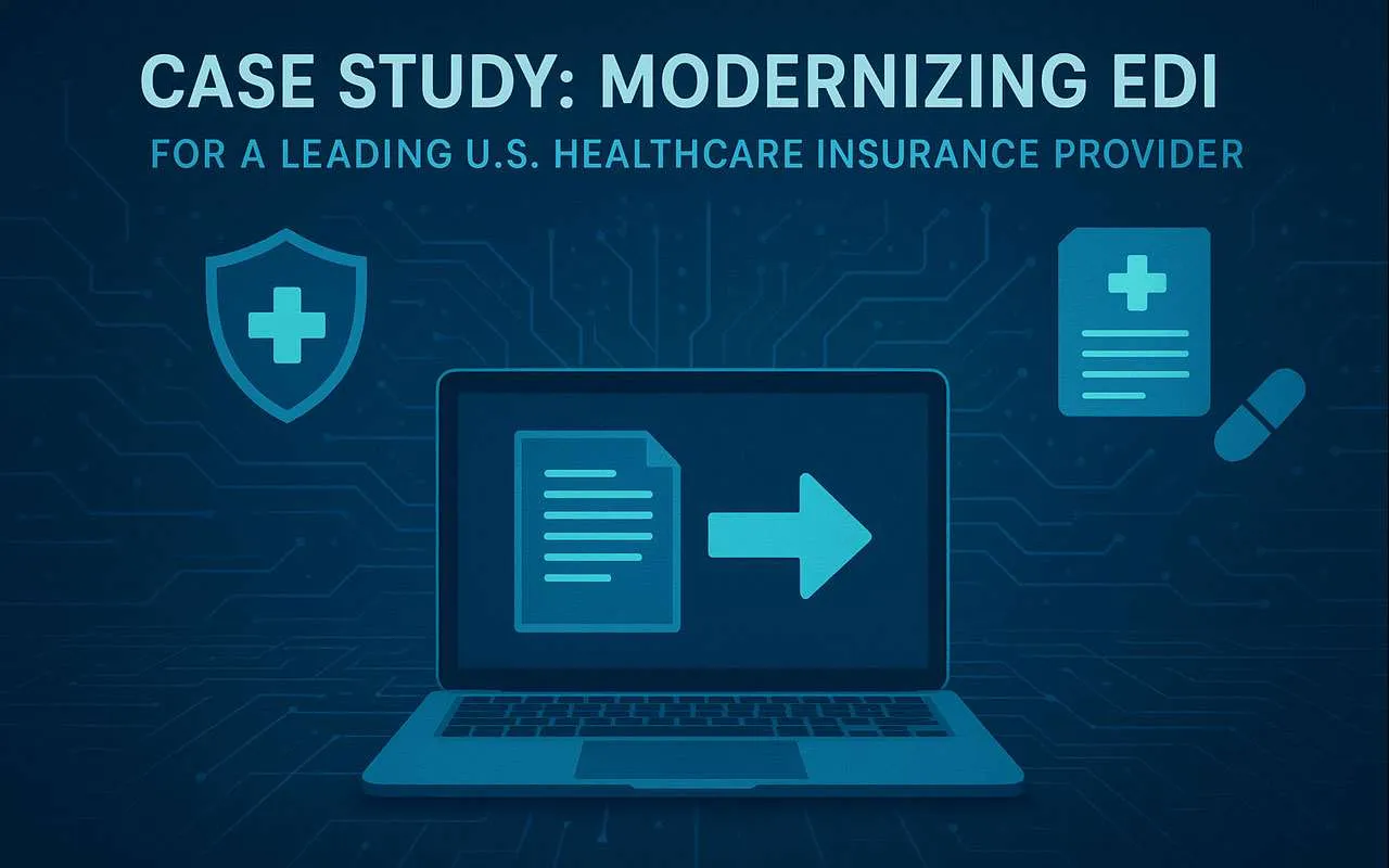 Laptop with EDI document and healthcare icons on a tech background