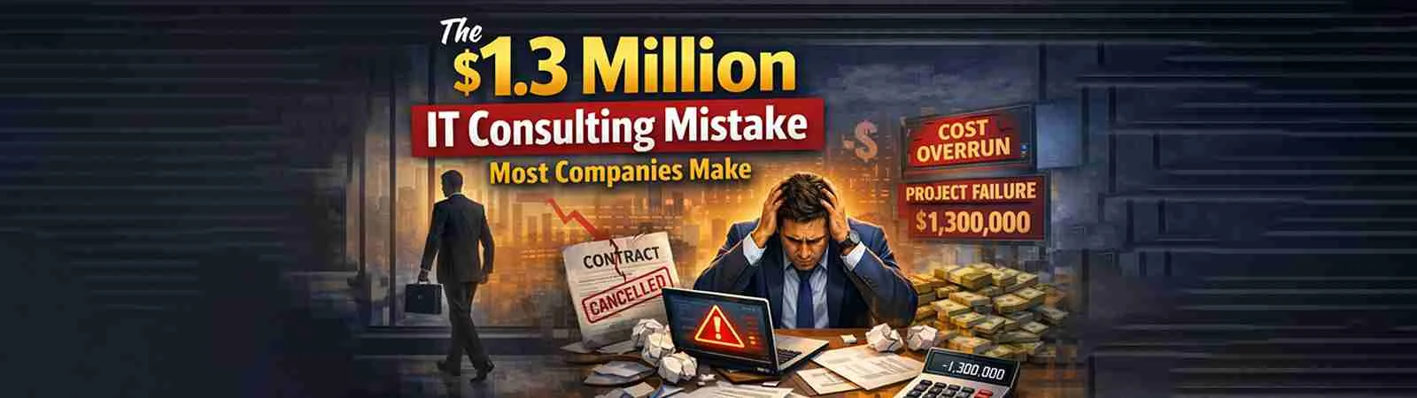 Stressed executive facing $1.3M IT consulting failure with canceled contract, cost overrun, and warning screen