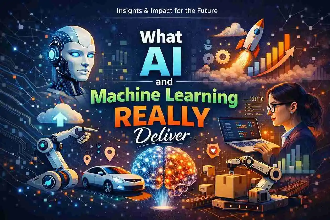 Illustration of AI and machine learning impact with robot, data charts, automation, and growth visuals