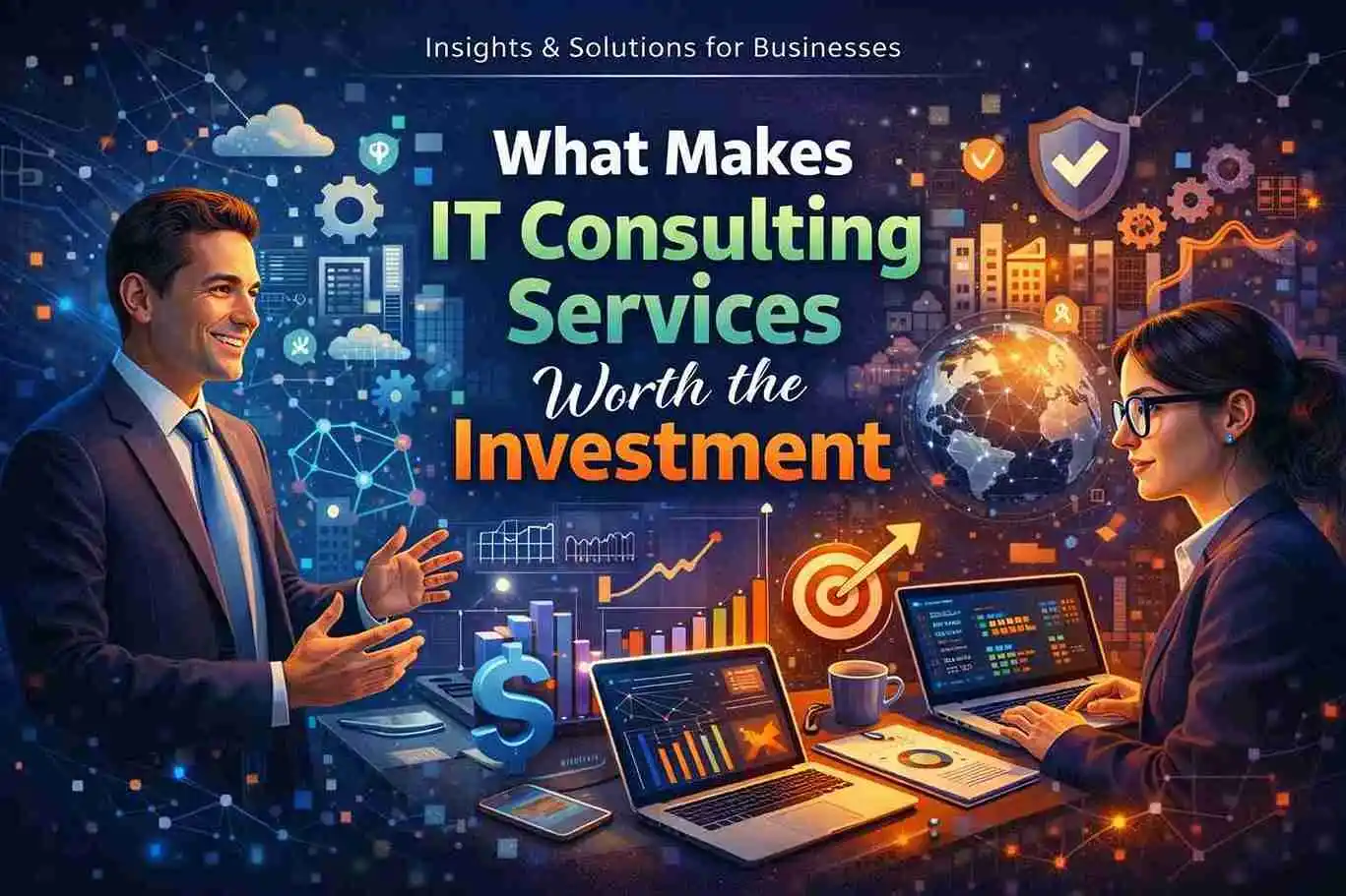 Business professionals discussing IT consulting services with data charts, growth icons, and global tech visuals