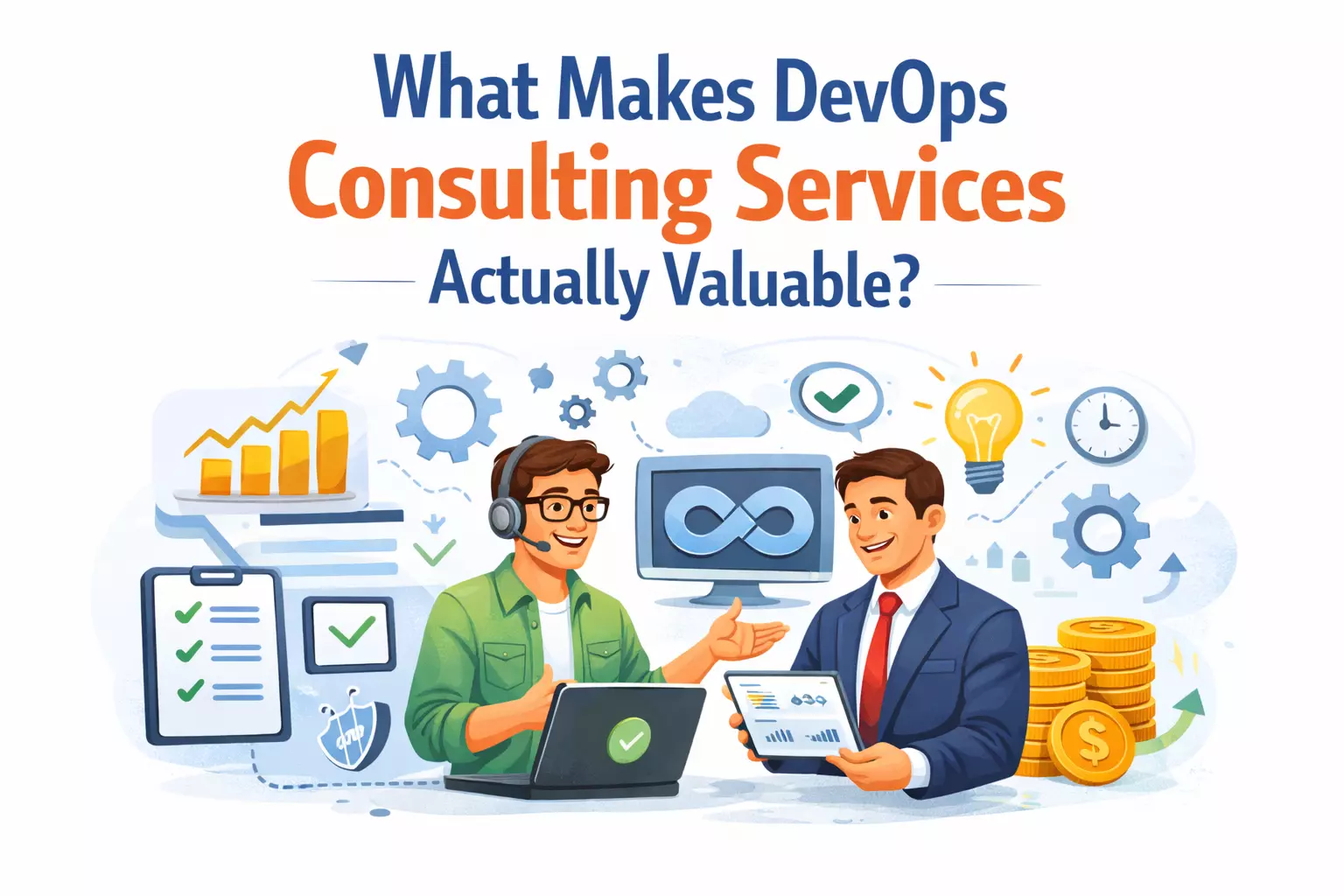 DevOps consulting services value illustration with business growth and automation icons