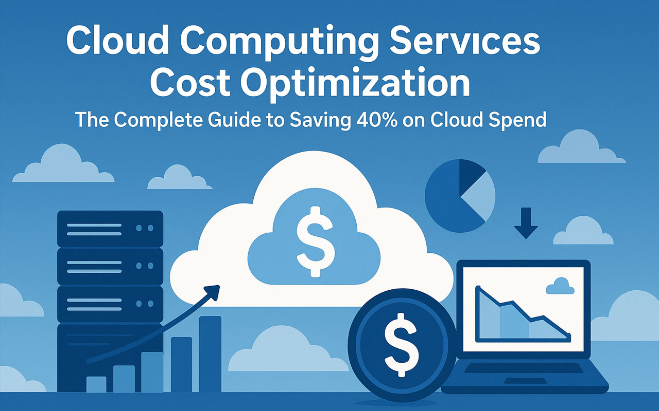 Cloud computing cost optimization illustration with cloud, dollar sign, charts, and laptop showing reduced spending.