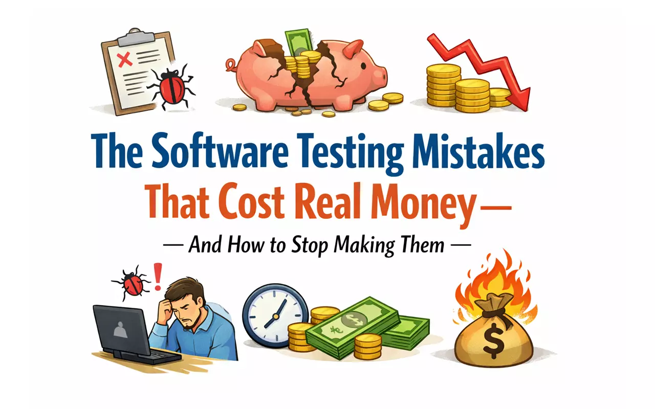 Illustration of costly software testing mistakes, showing bugs, delays, failures, and financial losses