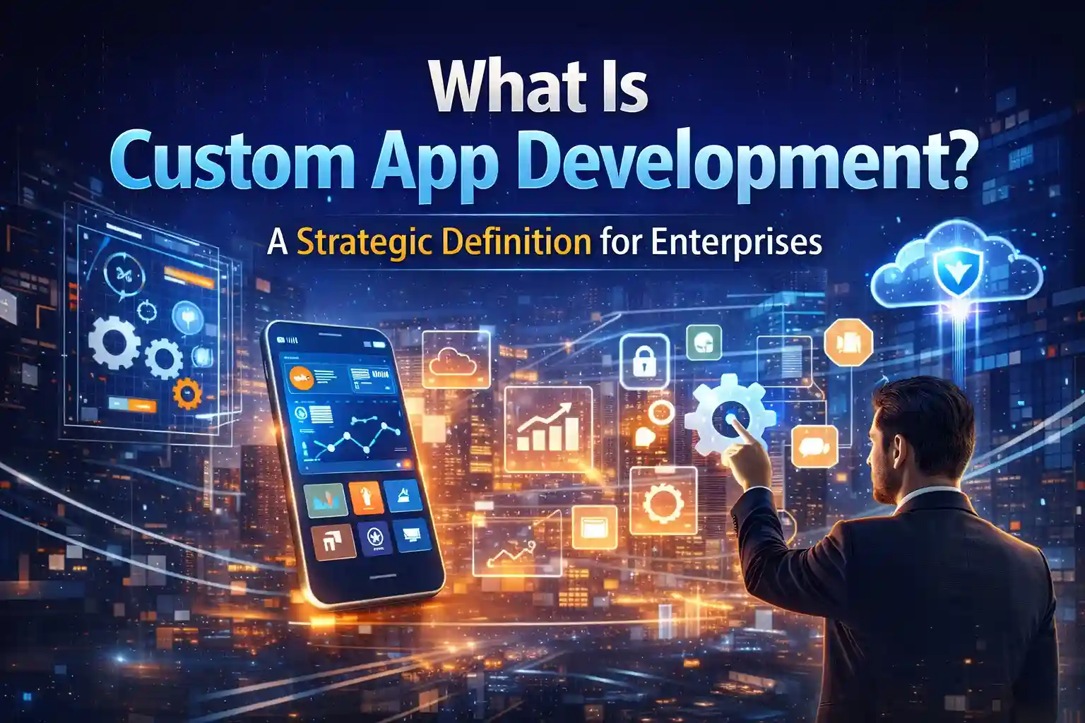 Illustration of enterprise custom app development with mobile dashboard, cloud security, and analytics tools.