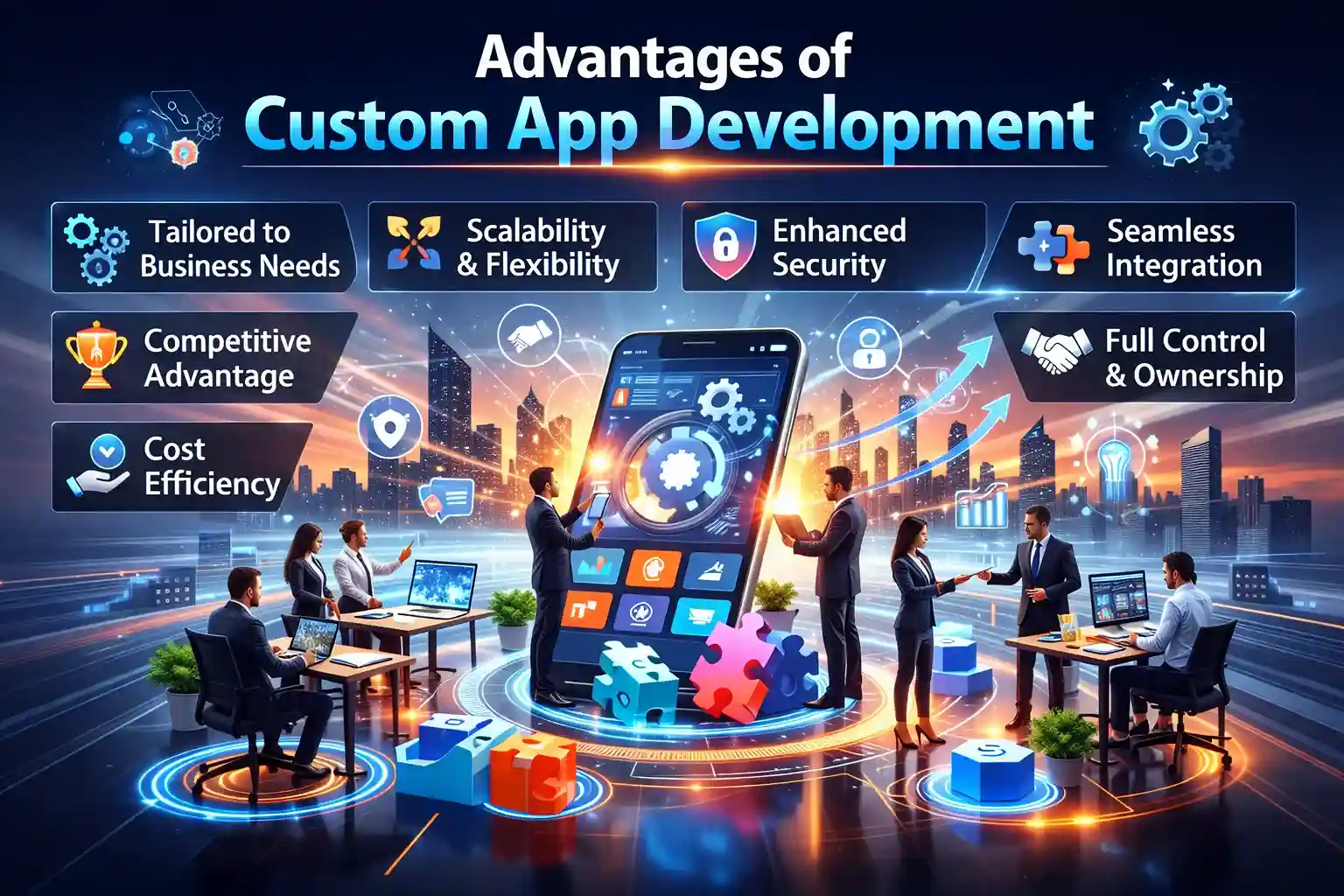 Advantages of custom app development showing scalability, security, integration, cost efficiency, and control.