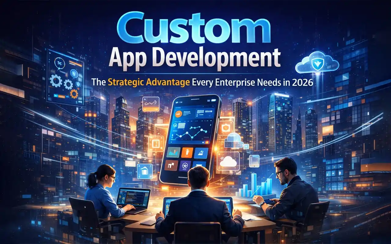 Custom app development for enterprises showing mobile app dashboard, cloud integration, and business analytics.