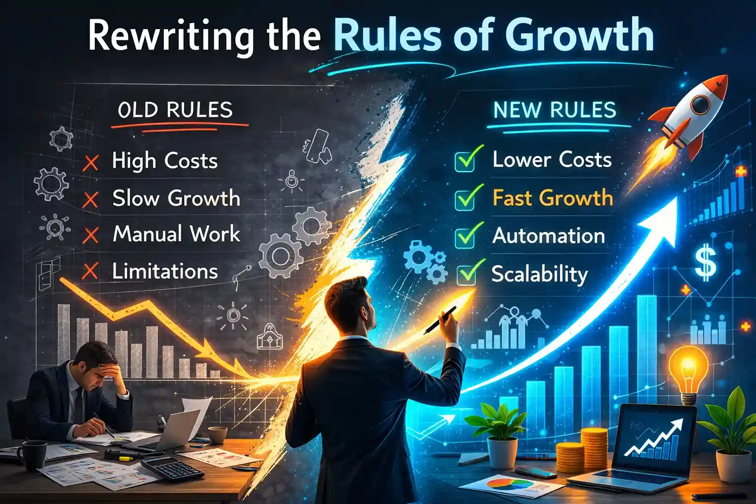 Business growth transformation showing shift from high costs and manual work to automation and scalability.
