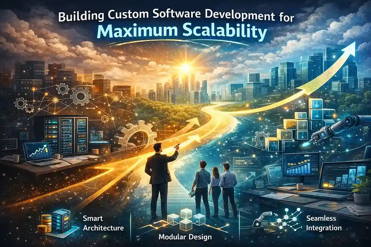 Custom software development for scalability showing smart architecture, modular design, and seamless integration.