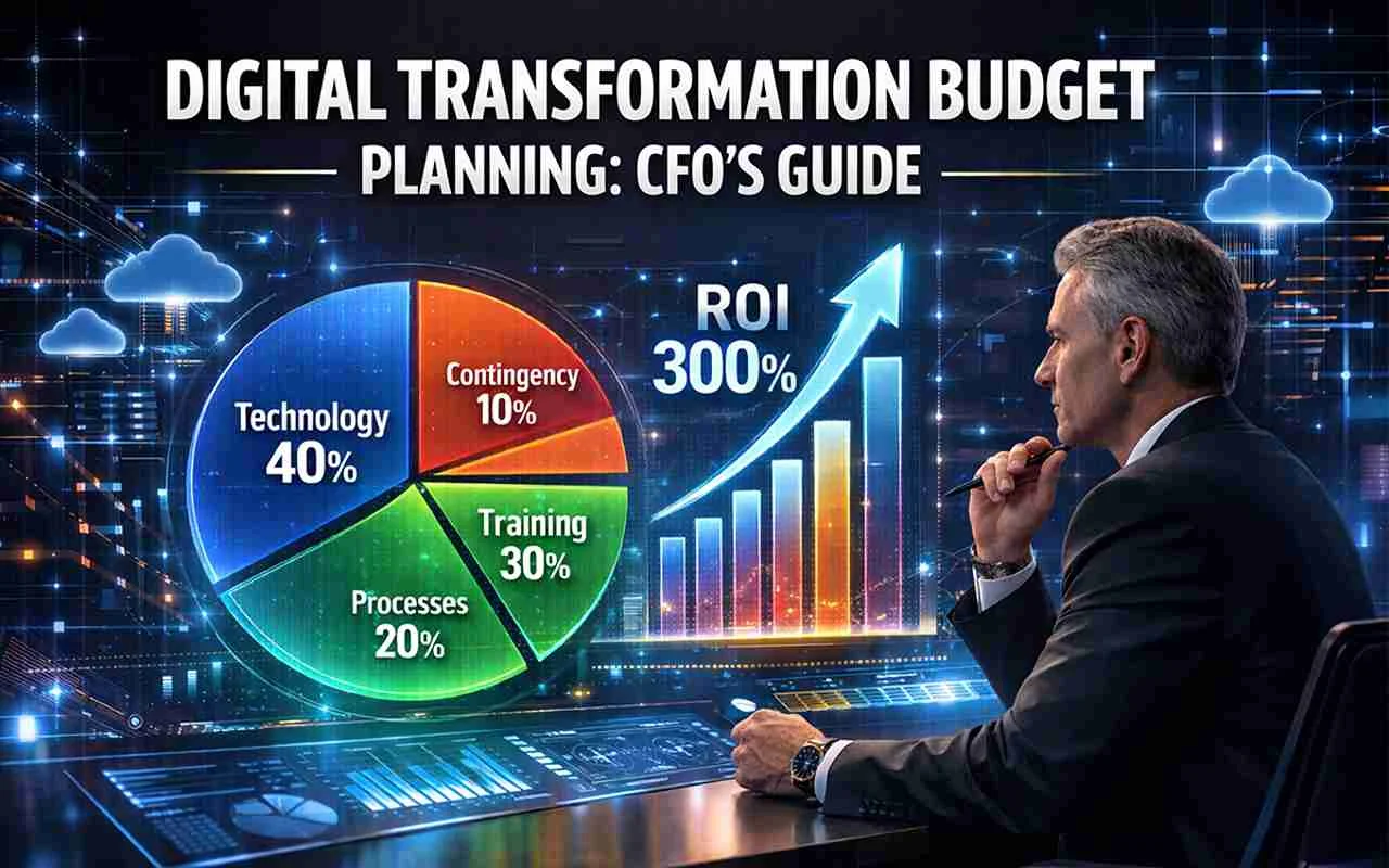 CFO reviewing digital transformation budget dashboard with ROI growth chart and pie chart.