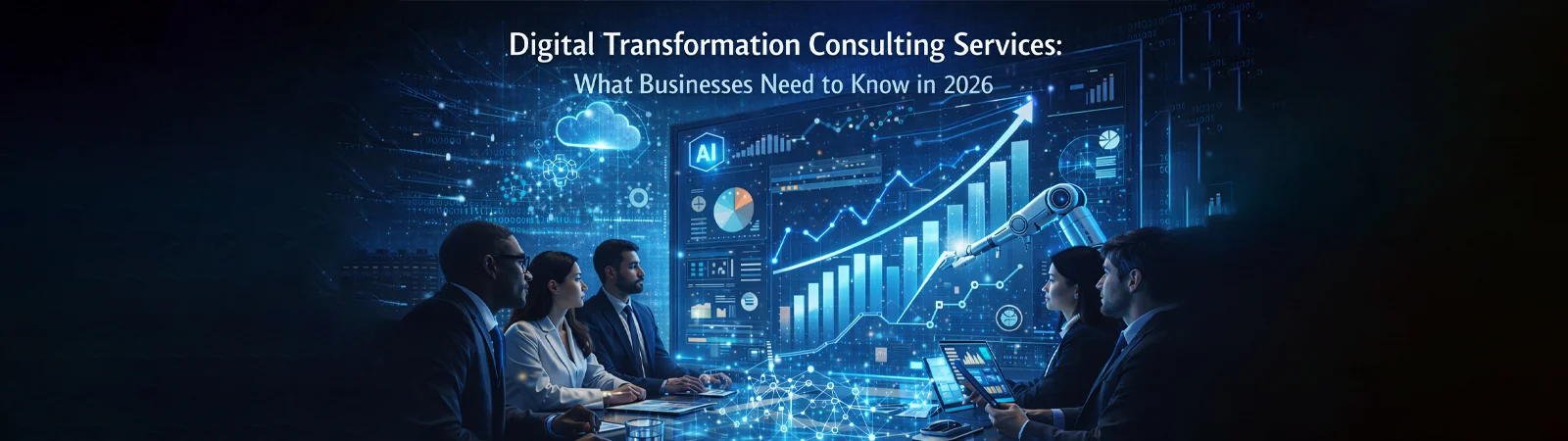 Business team reviews AI dashboards and rising charts on digital transformation consulting in 2026.