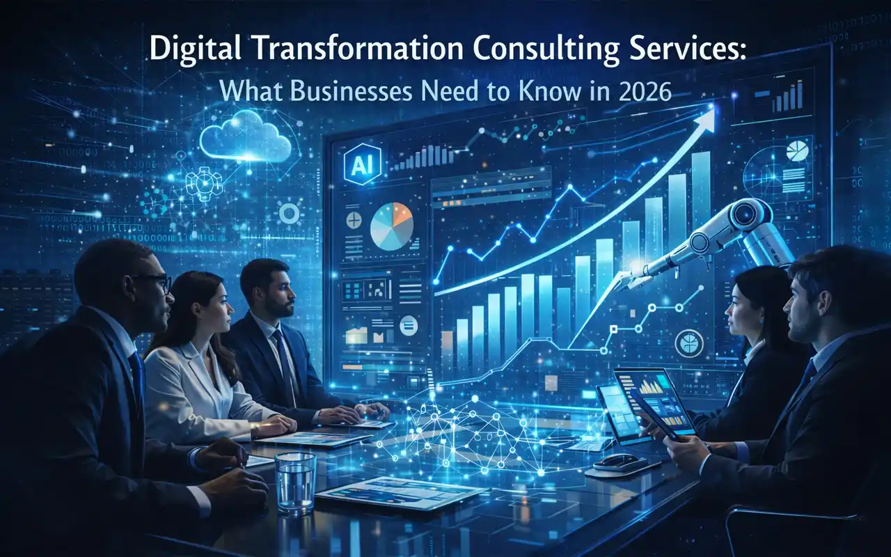 Business team reviews AI dashboards and rising charts on digital transformation consulting in 2026.