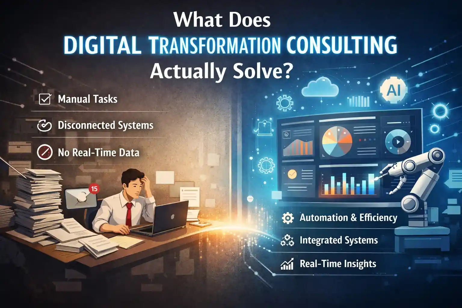 Split scene: messy manual work vs AI dashboard, showing automation, integration and real-time data.