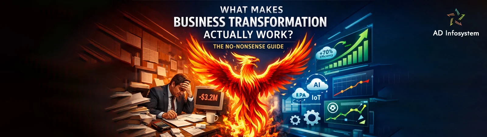 Stressed manager and losses vs rising phoenix and dashboards, showing business transformation success.
			
